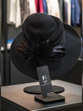 Forbusite Black 100% Wool Felt Wide Brim Dress Hat - Feather & Satin Accents